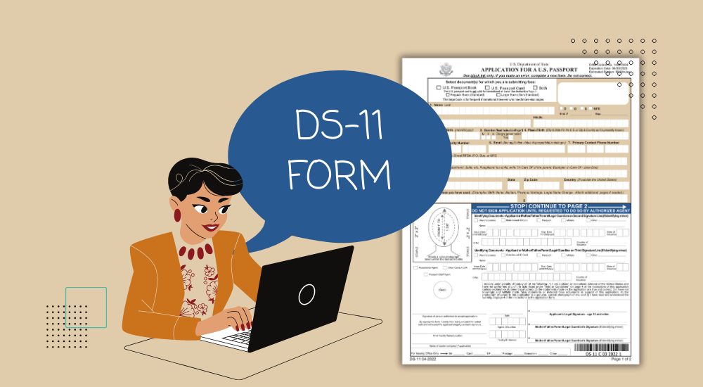 A woman sitting with a laptop and the blank DS-11 application form in the background